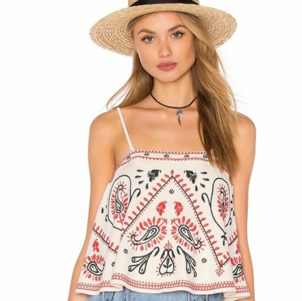 Free People White and Red Embroidered Tank Top